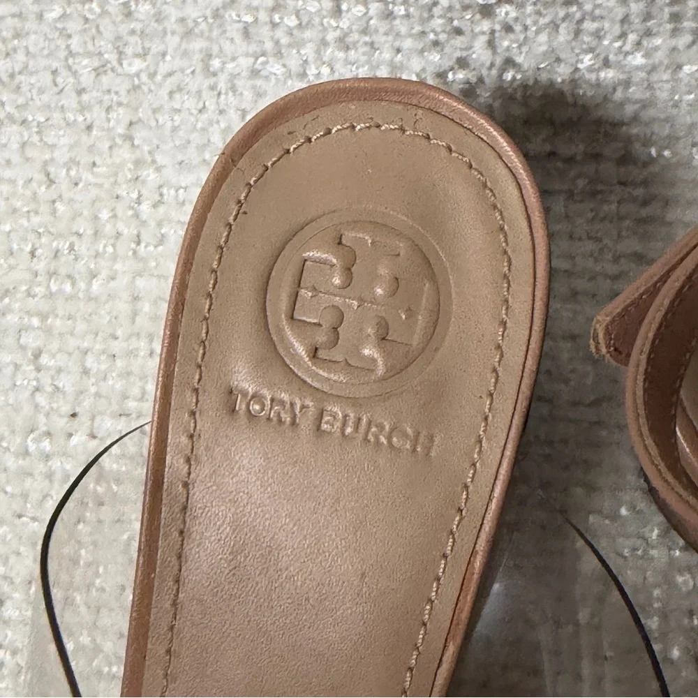 Tory Burch floral clear top nude heel sandals Sz 8